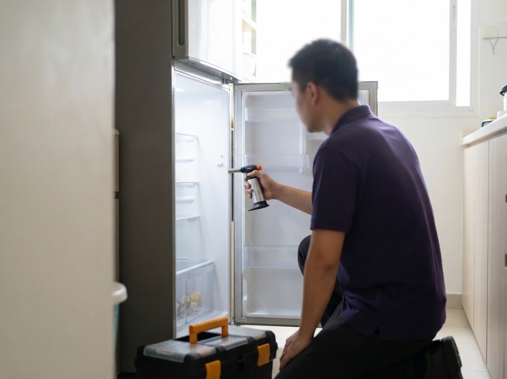 PRIMAX technician repairing a refrigerator in a Singapore kitchen
