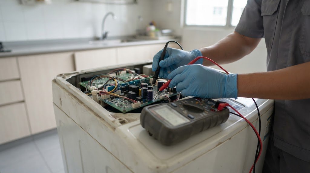Technician testing an appliance after repair